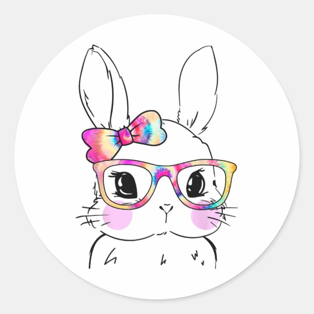 Cute Bunny Rabbit Face Tie Dye Glasses Girl Happy  Classic Round Sticker (Front)