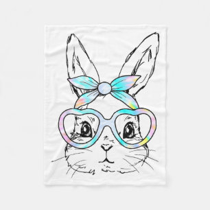 Cute Bunny Rabbit Face Tie Dye Glasses Girl Happy Fleece Blanket