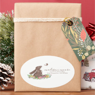 Cute Bunny Rabbit Floral Mailing/Return Address Oval Sticker