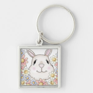 Cute Bunny Rabbit Flowers & Butterflies Key Ring