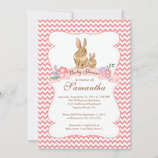 Cute Bunny Rabbit Girl Baby Shower Invitations (Front)