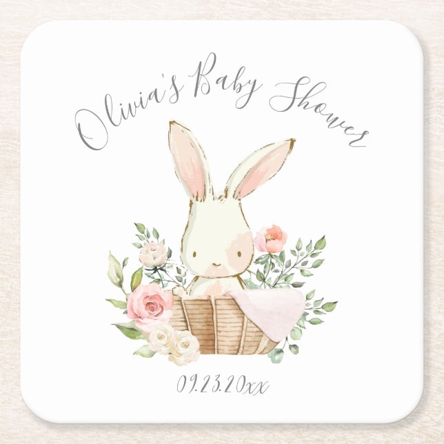 Cute Bunny Rabbit Girl Baby Square Paper Coaster (Front)