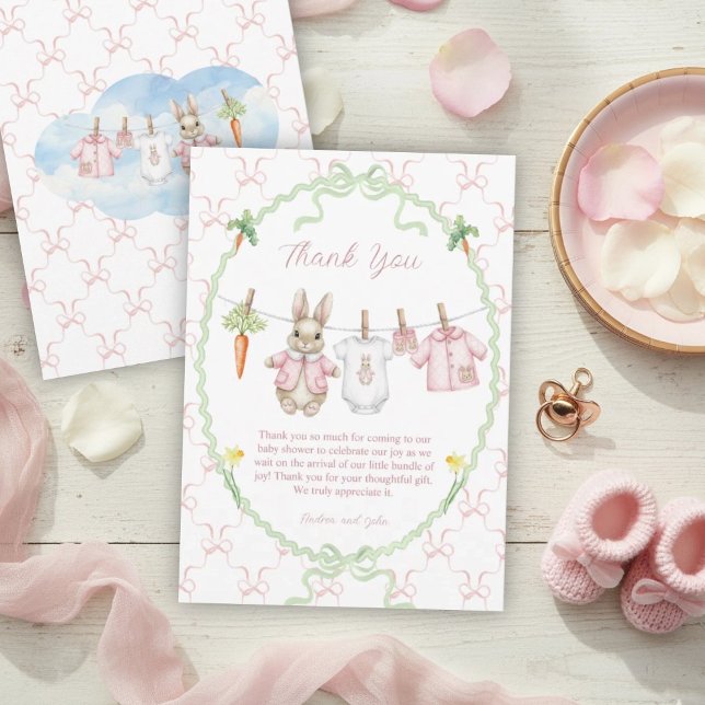 Cute Bunny Rabbit Girl Clothesline Baby Shower Thank You Card (Creator Uploaded)