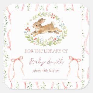Cute Bunny Rabbit Girl Floral Pink Bow Book Plate Square Sticker