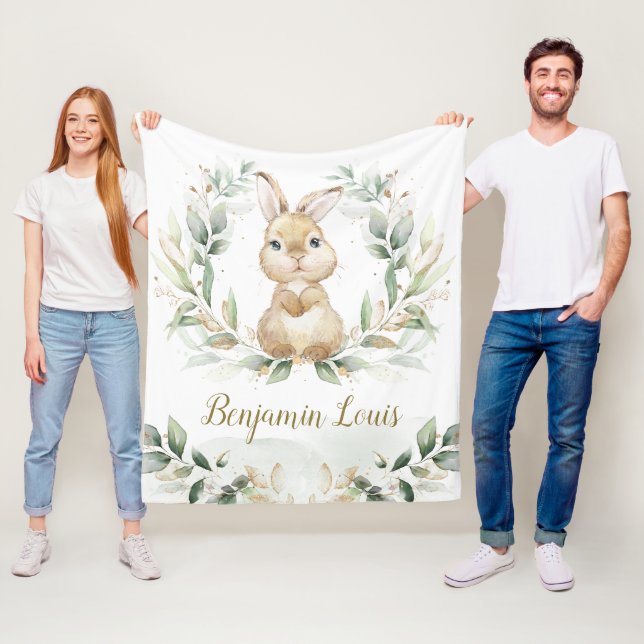 Cute Bunny Rabbit Greenery Gold Neutral Nursery Fleece Blanket (In Situ)
