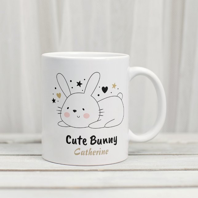 Cute Bunny Rabbit Hearts Personalised Name Coffee Mug (Creator Uploaded)