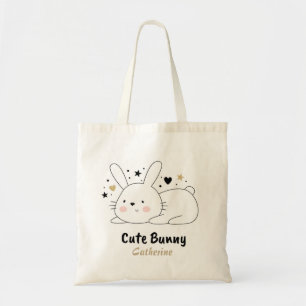 Cute Bunny Rabbit Hearts Personalised Name Tote Bag