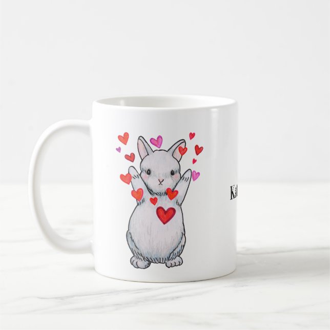 Cute Bunny Rabbit Hug with Hearts Custom name Coffee Mug (Left)