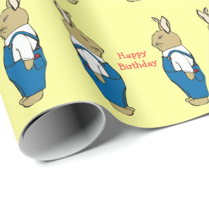 Cute Bunny Rabbit in Overalls Kids Happy Birthday Wrapping Paper