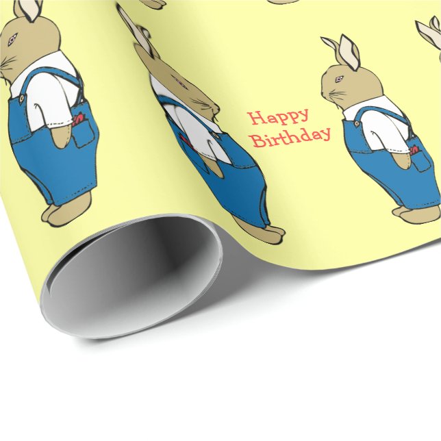 Cute Bunny Rabbit in Overalls Kids Happy Birthday Wrapping Paper (Roll Corner)