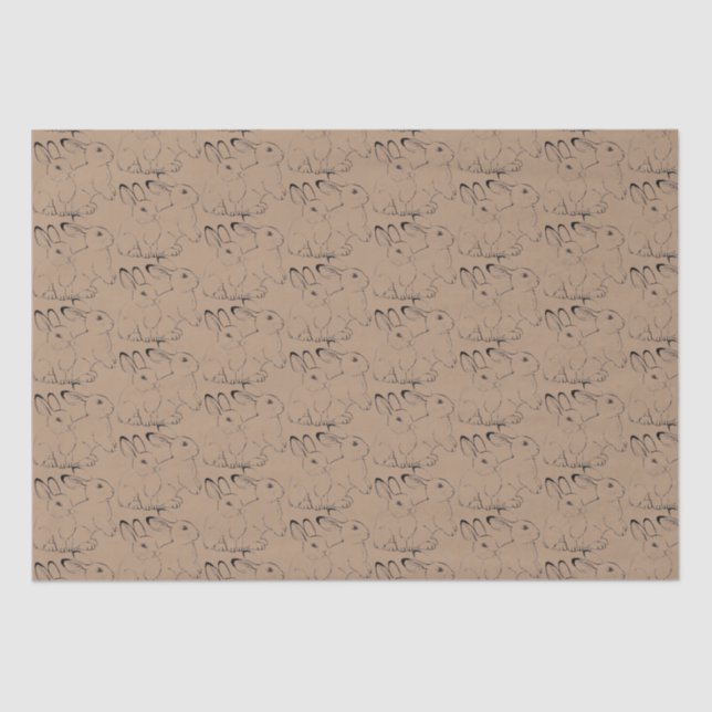 Cute Bunny Rabbit Ink Pattern Tan Brown Kraft  Tissue Paper (Front)