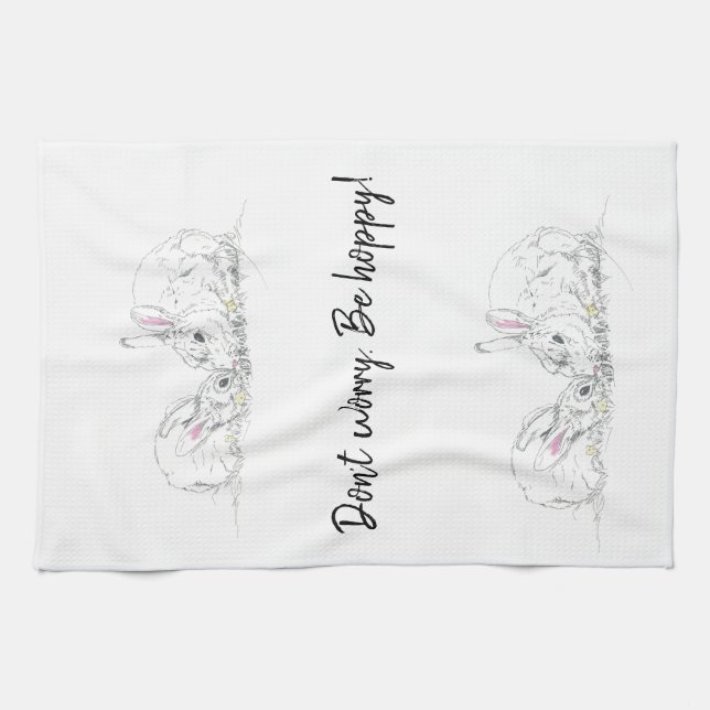 Cute Bunny Rabbit Ink Sketch|Don't Worry Be Hoppy Tea Towel (Horizontal)