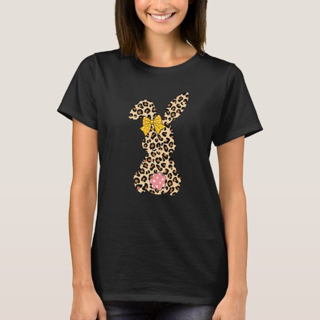 Cute Bunny Rabbit Leopard Bow Tie Happy Easter Day T-Shirt (Front)