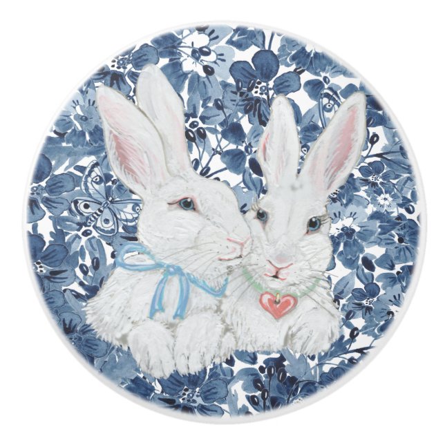Cute Bunny Rabbit Navy Blue Flower Butterfly Girly Ceramic Knob (Front)
