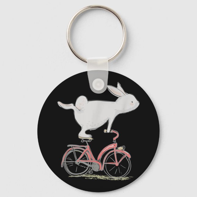 Cute Bunny Rabbit On Bike Cycling Bicycle Key Ring (Front)