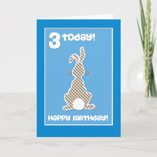 Cute Bunny Rabbit  on Blue 3rd Birthday Greeting Card (Front)
