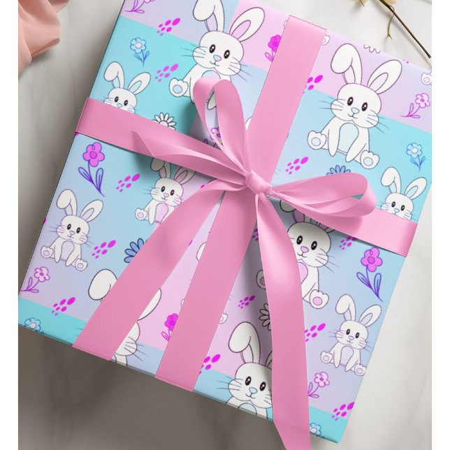 Cute Bunny Rabbit Pastel Pink Baby Blue Fun Animal Wrapping Paper (Creator Uploaded)
