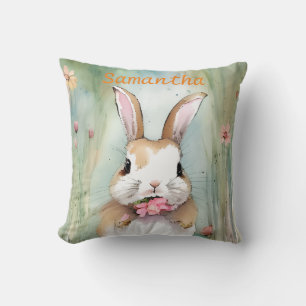 Cute Bunny Rabbit Pastel Watercolor Spring Flowers Cushion