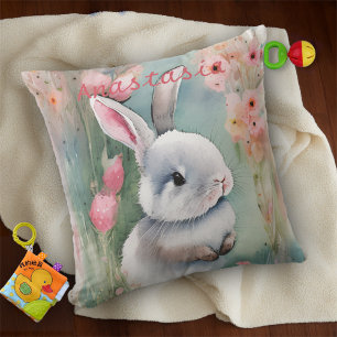 Cute Bunny Rabbit Pastel Watercolor Spring Flowers Cushion