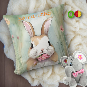 Cute Bunny Rabbit Pastel Watercolor Spring Flowers Cushion