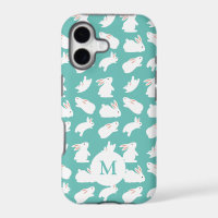 Cute Bunny Rabbit Pattern on Teal Monogram