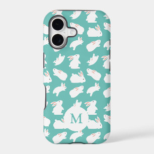 Cute Bunny Rabbit Pattern on Teal Monogram