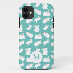 Cute Bunny Rabbit Pattern on Teal Monogram iPhone 11 Case