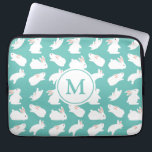 Cute Bunny Rabbit Pattern on Teal Monogram Laptop Sleeve<br><div class="desc">Adorable white bunny pattern on teal (you can customise background colour)</div>