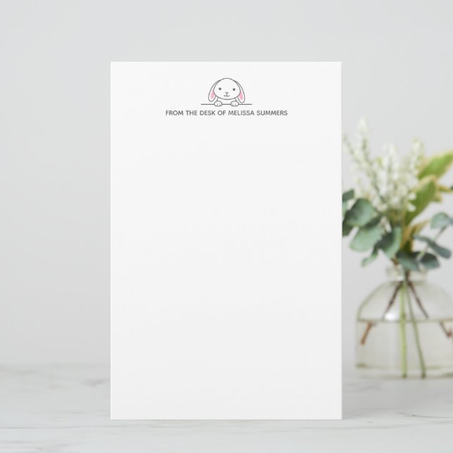 Cute Bunny Rabbit Peeking above Custom Text Stationery (Standing Front)