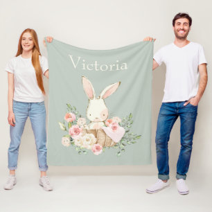 Cute Bunny Rabbit Personalised Modern Green Fleece Blanket
