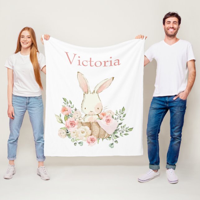 Cute Bunny Rabbit Personalised White Modern Fleece Blanket (In Situ)