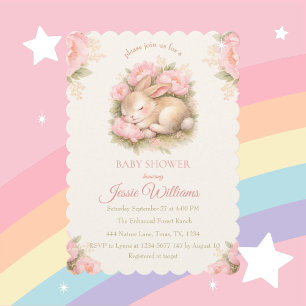 Cute Bunny Rabbit Pink Blush Baby Shower Invitation