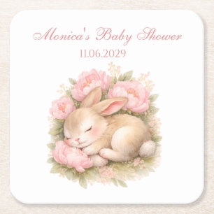 Cute Bunny Rabbit Pink Blush Peony Baby Shower Square Paper Coaster
