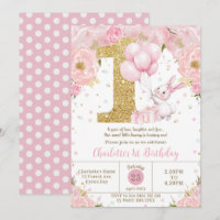 Cute Bunny Rabbit Pink Floral 1st Birthday One