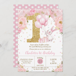Cute Bunny Rabbit Pink Floral 1st Birthday One Invitation