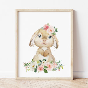 Cute Bunny, Rabbit, Pink Flowers, Girl Nursery Photo Print
