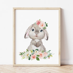 Cute Bunny, Rabbit, Pink Flowers, Girl Nursery Poster