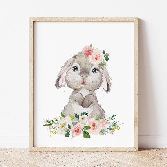 Cute Bunny, Rabbit, Pink Flowers, Girl Nursery Poster (Creator Uploaded)