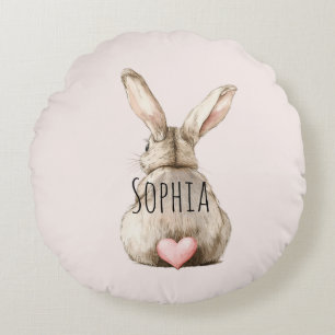 Cute Bunny Rabbit Pink Heart Tail Baby Shower Round Cushion