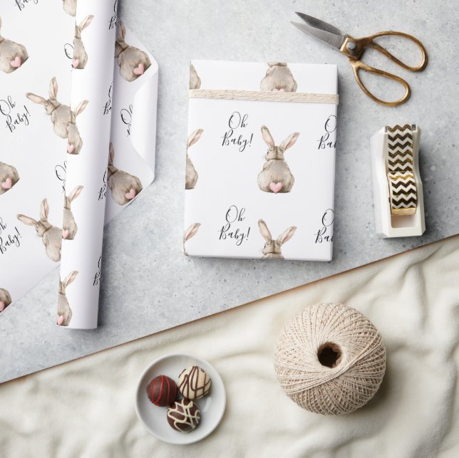 Cute Bunny Rabbit Pink Heart Tail Baby Shower Wrapping Paper (Crafts)