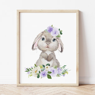 Cute Bunny, Rabbit, Purple Flowers, Gender Neutral Photo Print