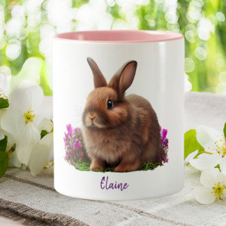 Cute Bunny Rabbit Purple Flowers Personalised Two-Tone Coffee Mug