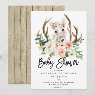 cute bunny rabbit rustic floral modern baby shower invitation