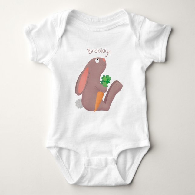 Cute bunny rabbit sitting with carrot cartoon baby bodysuit (Front)