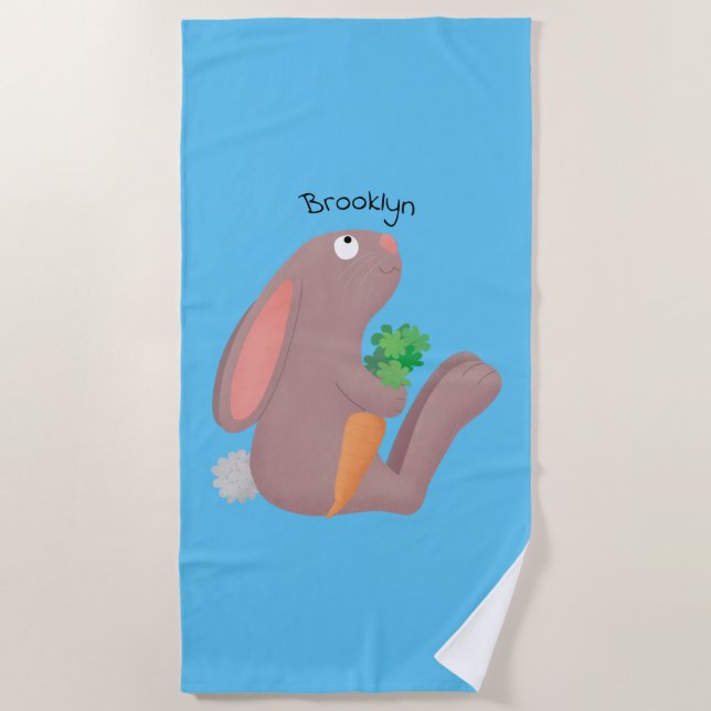 Cute bunny rabbit sitting with carrot cartoon beach towel (Front)