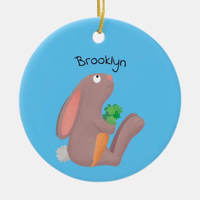 Cute bunny rabbit sitting with carrot cartoon ceramic ornament (Front)