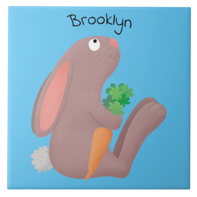 Cute bunny rabbit sitting with carrot cartoon ceramic tile (Front)