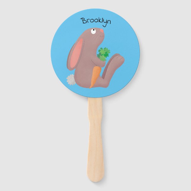 Cute bunny rabbit sitting with carrot cartoon  hand fan (Front)