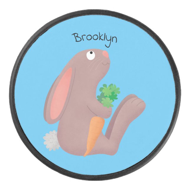 Cute bunny rabbit sitting with carrot cartoon hockey puck (Front)