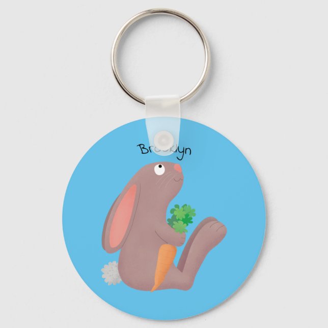 Cute bunny rabbit sitting with carrot cartoon key ring (Front)